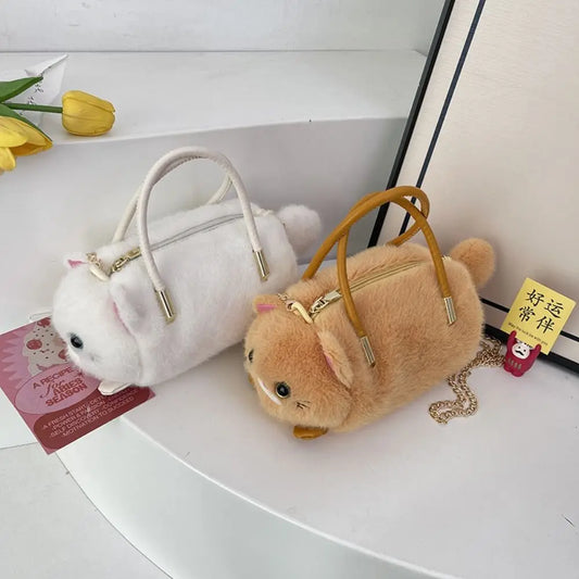 New Designer Cat Cross bag Small Cute Fluffy Fur Simulated Cat Bag Casual Zipper Women's Handbag for Girls