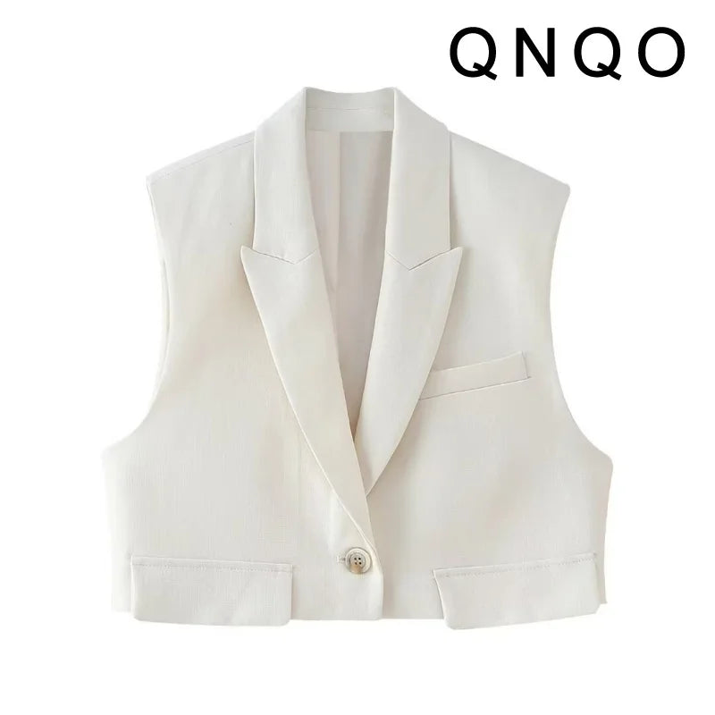 QNQO Casual Lapel Vest for Women Vintage Single Button Sleeveless Cropped Tops 2025 New Temperament Elegant Design Sense Vestes