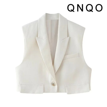 QNQO Casual Lapel Vest for Women Vintage Single Button Sleeveless Cropped Tops 2025 New Temperament Elegant Design Sense Vestes