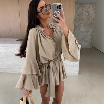 2025 European and American New Autumn Solid Color V-neck Irregular Lace-up Long Sleeve Loose Dress for Women