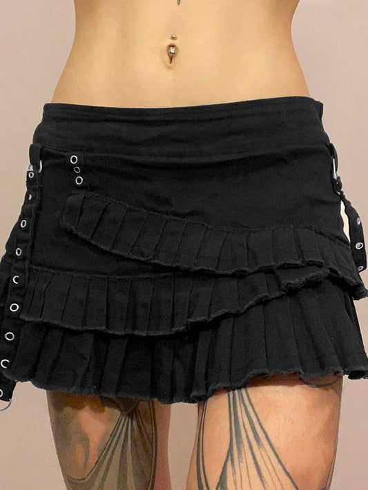 SUCHCUTE Goth Aesthetic Ruffles Irregular Mini Skirts Women Fairycore Streetwear Low Rise Denim Skirts Y2K Dark Academia 2023