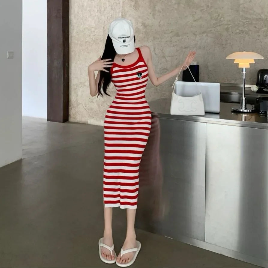 Summer Korean Style Stripe Strapless Dress Women Slimming Fashionable Long Skirt Princess Sleeve Polo Collar Midi Dress