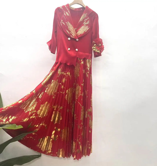 Miyake Fold 2025 New Wholesale Women's Dress Spring Loose Fashion Printing Casual Bronzing Evening Dresses