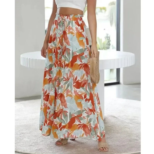 Casual Versatile High Waist Printed Wide Leg Pants Elastic Belt Women's Spring Summer New Style Cross-Border Long Trousers