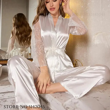 Sexy Perspective Lace 2PCS Pajamas Set Loungewear Spring New Long Sleeve Trouser Pijamas Suit Loose Sarin Home Clothes Lingerie