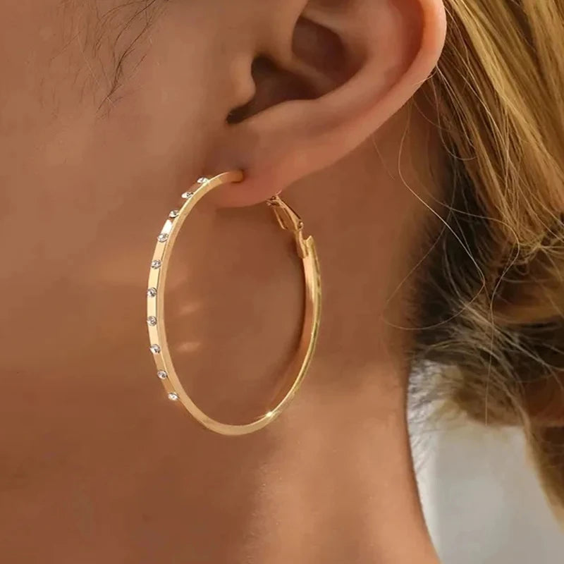 CAOSHI Golden Large Circle Women's Hoop Earrings with Inlaid Cubic Zirconia Daily Wear Exquisite Girls Accessorie Trendy Jewelry