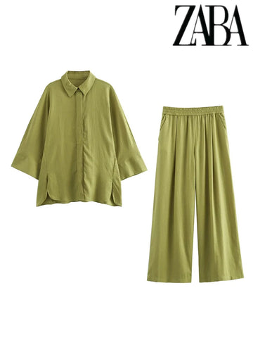 TRAF Women's Linen Blend Solid Color Loose Suit Flip Lapel Single Breasted Long Sleeve Shirt High Waisted Wide Leg Pants Set