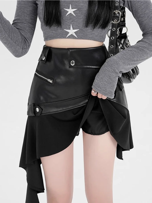 Vintage Black Irregular PU Leather Skirt For Women Autumn New Style Ruffle Edge A- Line Hip Up Mini A-line Skirt 2000s Aesthetic