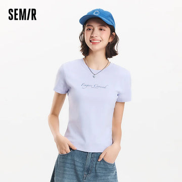 Semir Short Sleeve T-Shirt Women Slim Fit Casual Summer 2025 New Letter Round Neck Top Minimalist for Everyday Style