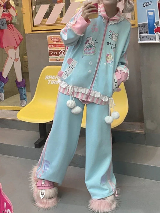 Japanese Streetwear Outfits 2025 Casual Fashion Cartoon Hoodies +Wide Leg Pants Female Japanese Harajuku Suit Y2k Two Piece Sets