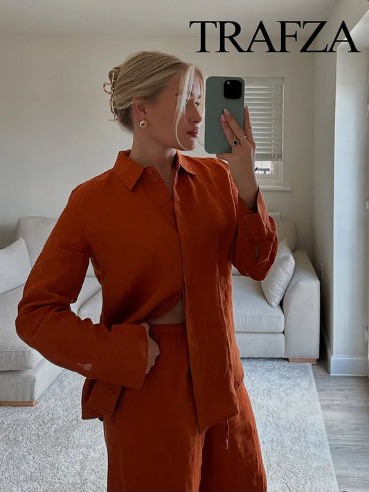 TRAFZA Women Casual Pants Suit Turn-down Collar Long Sleeve Single-Breasted Loose Shirt Top+High Waist Draw Rope Pocket Trousers