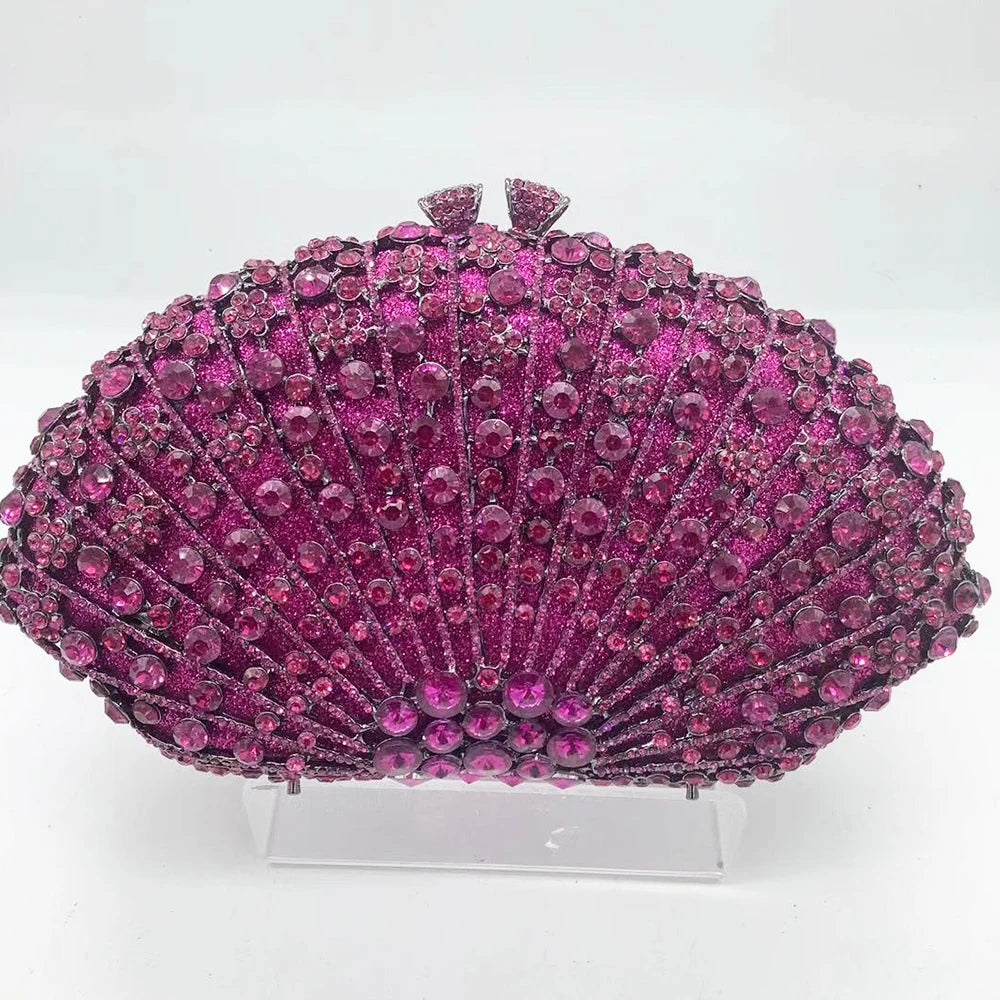 Fuchsia/Hot Pink Rhinestone Evening Bags Fan Women Diamond Wedding Purses Crystal Party Minaudiere Lady Dinner Cocktail Clutches
