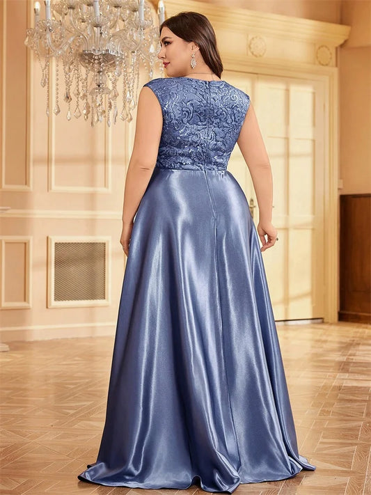 Plus Size Luxury Gold Satin V-Neck Evening Dress Women Sequin Wedding Party Prom Floor Lenght Cocktail Dress Gowns