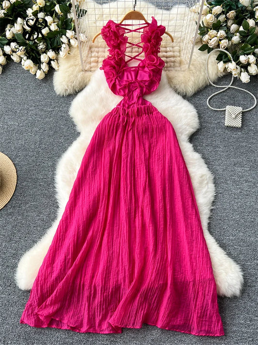 SINGREINY Vacation Maxi Dress Ladies 3D Floral Hollow Out Backless Sexy Sundress High Quality  Pleated Beach Party Dress