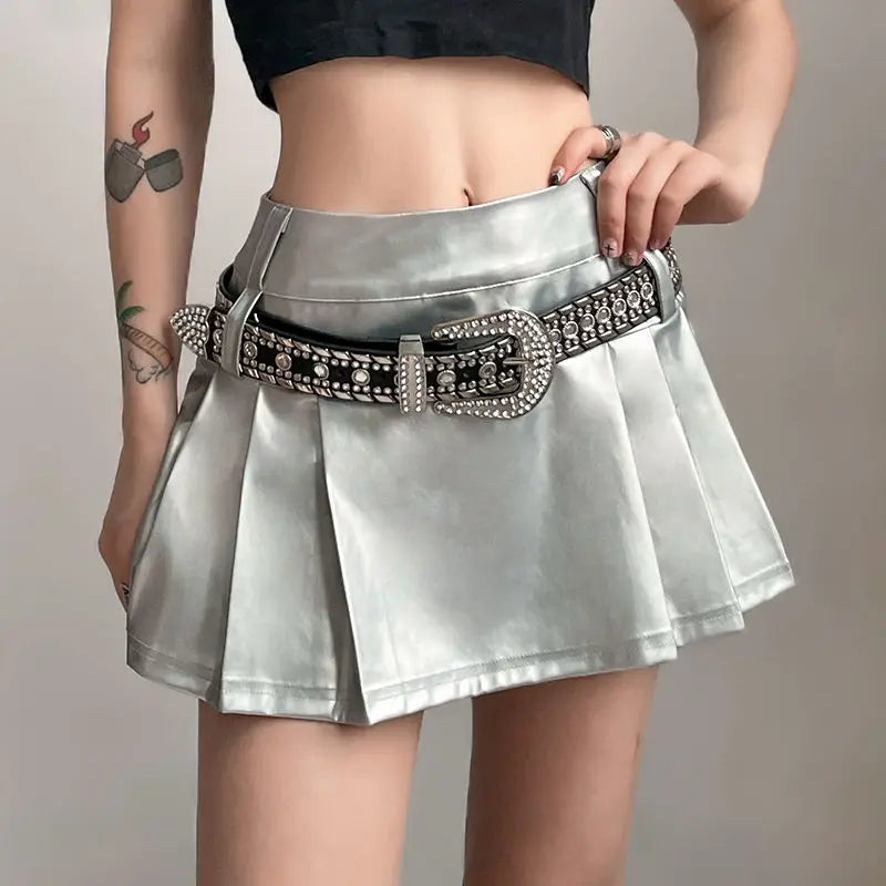 Y2K Hip-hop Personality Pleated PU Leather Pleated Skirt for Women 2025 Fashion Trend Niche with Lining Mini Gothic Skirts