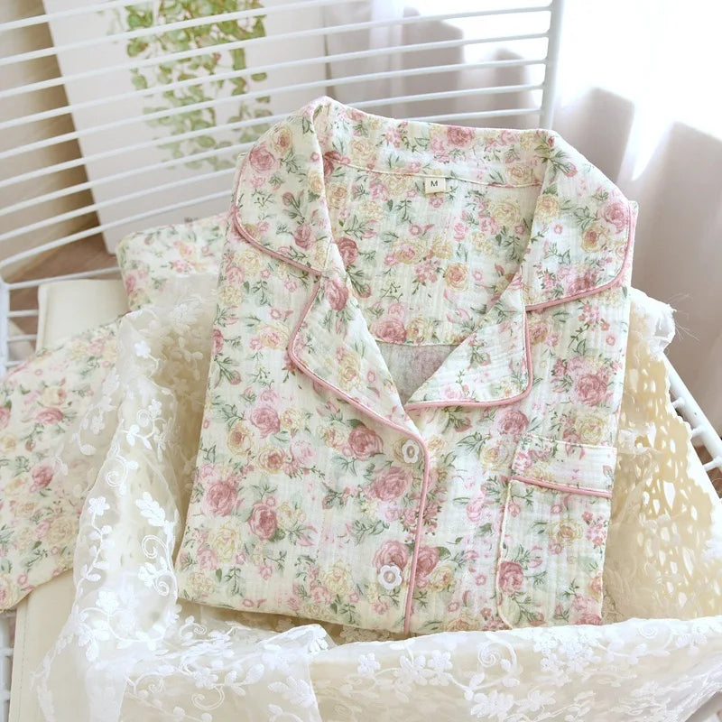 2025 Autumn Cotton Crepe Women's Pajamas Casual Soft Loose Sleepwear Long Sleeve Pants Pajama Sets Night Clothes 2-piece Set