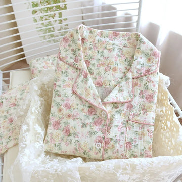 2025 Autumn Cotton Crepe Women's Pajamas Casual Soft Loose Sleepwear Long Sleeve Pants Pajama Sets Night Clothes 2-piece Set
