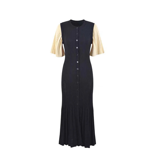 Summer-style fashionable openwork French slimming A-line short-sleeved knitted dress, fishtail long dress for women