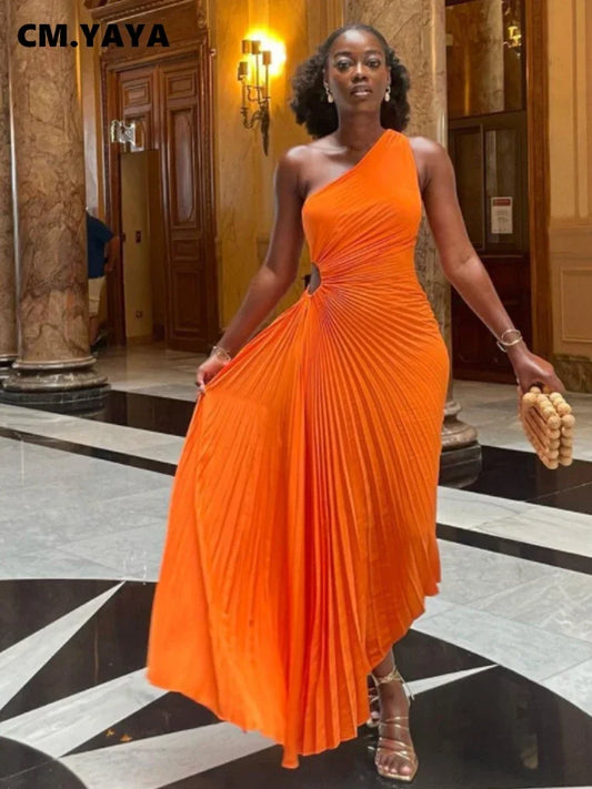 CMYAYA Women One Shoulder Sleeveless Roll Waist Pleated Ruched A-line Dress Sexy Party Prom Evening Maxi Dresses Orange Vestidos