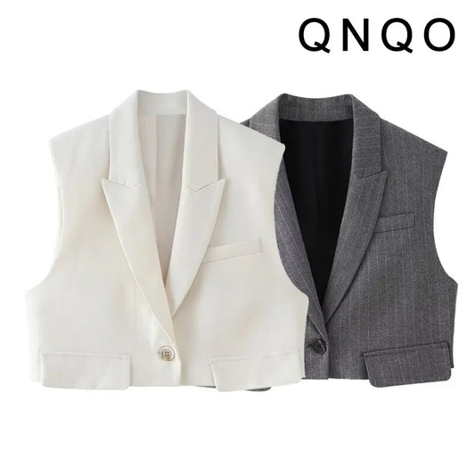 QNQO Casual Lapel Vest for Women Vintage Single Button Sleeveless Cropped Tops 2025 New Temperament Elegant Design Sense Vestes