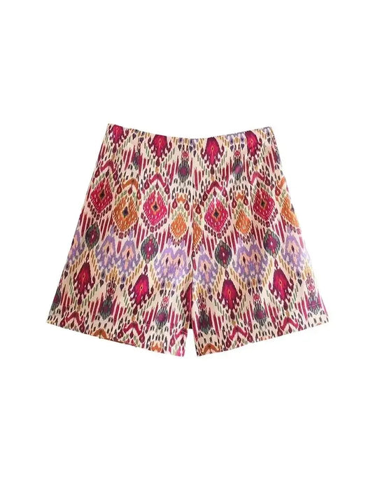 TRZA Women Fashion With Knotted Totem Print Shorts Skirts Vintage High Waist Side Zipper Female Skirts Mujer