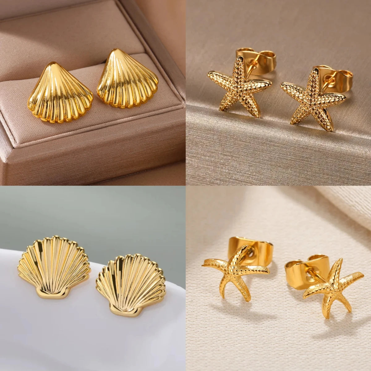 Minimalist Starfish Shell Stainless Steel Stud Earrings for Women Gold Color Aesthetic Wedding Earring Summer Beach Jewelry Gift