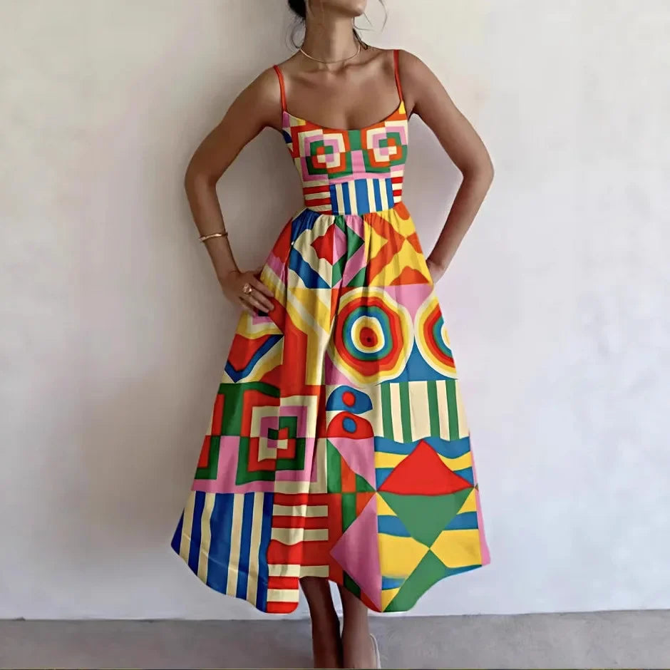 Spring New Women's Sexy Floral Print U-Neck Sleeveless Dress Empire Waist Gored Skirt Long Knee-Length Gown for Ladies