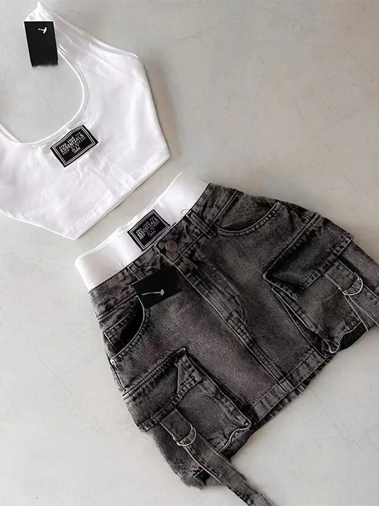 Harajuku Denim Plaid Skirt Women Sexy Multiple Pockets Mini Skirts Vintage Y2K New Fashion 2025 Lady Casual Versatile Streetwear