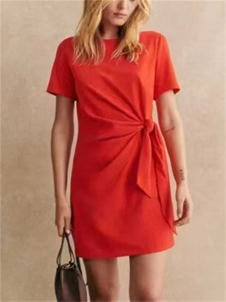 Waist Knotted Women Pleated Mini Robe Round Neck Female Simple Casual Short Sleeve Dresses