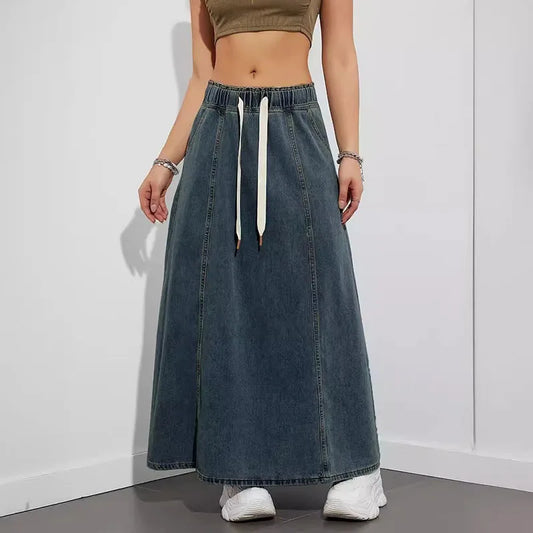 DongCMY Women's Denim Long Skirts Elastic Waist Loose Solid Color High Waist Big Skirt Denim Skirt Women Casual Dress Streetwear