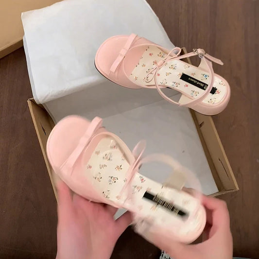 Summer Cover Toe Thick Heel Women Sandals Fashion Butterfly-knot Dress Shoes Women's Dancing Party Prom Sandalias