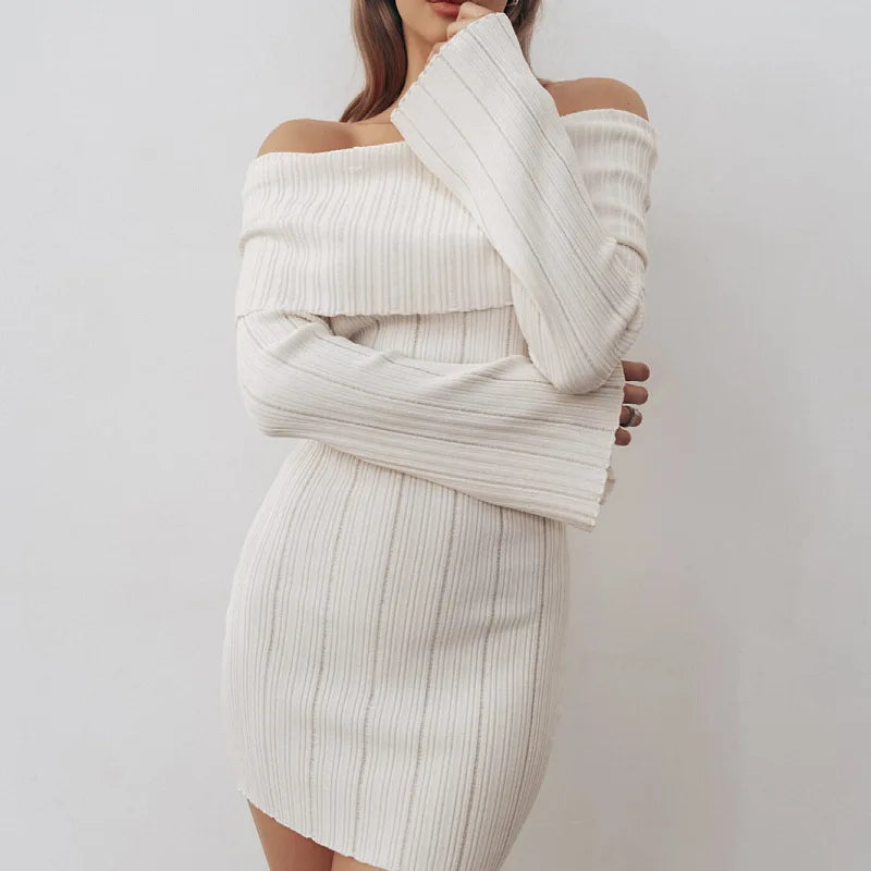 2025 Autumn Sexy Off Shoulder Women Knitted Dress White Backless Long Sleeve Dress Winter Female Skinny Elegant Party Clubwear