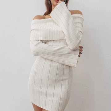 2025 Autumn Sexy Off Shoulder Women Knitted Dress White Backless Long Sleeve Dress Winter Female Skinny Elegant Party Clubwear