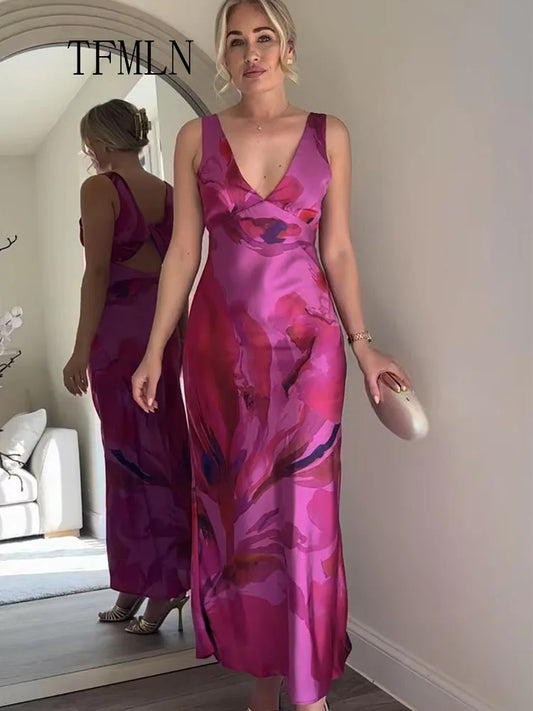 TFMLN Printed Midi Dress For Women New Attractive Colorful Summer V Neck Cut Out  Tank Long Dress Elegant Ladies Chic Bodycon
