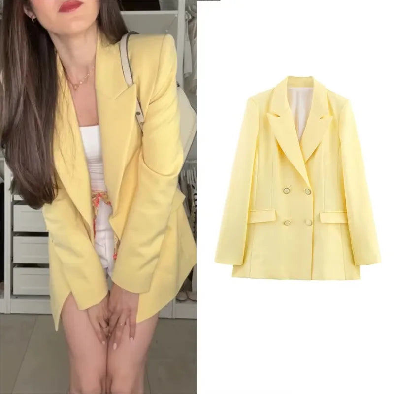 Fashion Yellow Blazer Woman Elegant Chic Pockets Double Buttons Long Sleeve Loose Coat 2025 New spring Office Lady Solid Suits