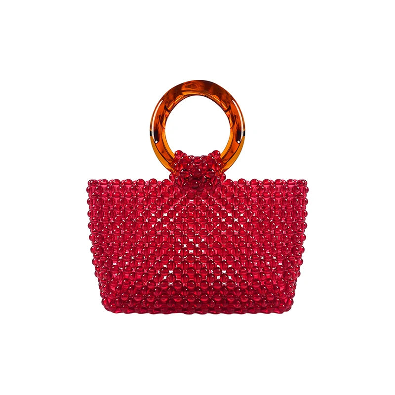 New personalized red bead handmade bead woven acrylic fashionable and versatile circular handle handbag for women