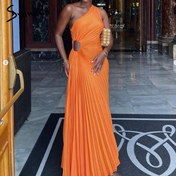Syiwidii Fashion One Shoulder Dress for Women Hollow Out Pleated Diagonal Collar Evening Dress 2025 New Elegant Party Dresses