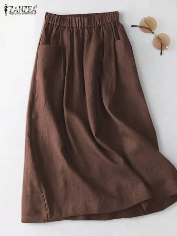 ZANZEA Women Cotton Skirt Holiday Elastic Waist Midi Skirt 2024 Summer Side Pockets Falda Saias Casual Korean Solid A Line Jupe