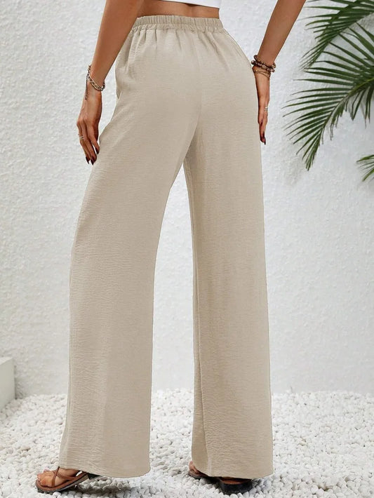 Women's Plain Pocket Tie Front Elastic Waist Straight Leg Pants, Casual High Waist Wide Leg Trousers for Daily Wear, Baggy Pants