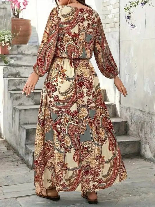 Plus size women's paisley print long-sleeved elegant dress with drawstring waist for slimming, holiday style, ethnic style print