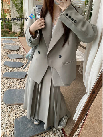 Fashion Gray Green 2 Pcs Set Blazer Suit Women Spring 2025 Blazer Irregular Pleated Full-length Skirts Chic Suit Ladies Outfits
