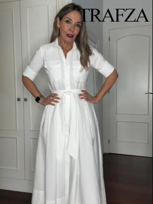 TRAFZA Women's New Fashion Temperature Slim Short Sleeve Poplin Dress Female Elegant Simple High Street Pocket Belted Long Dress