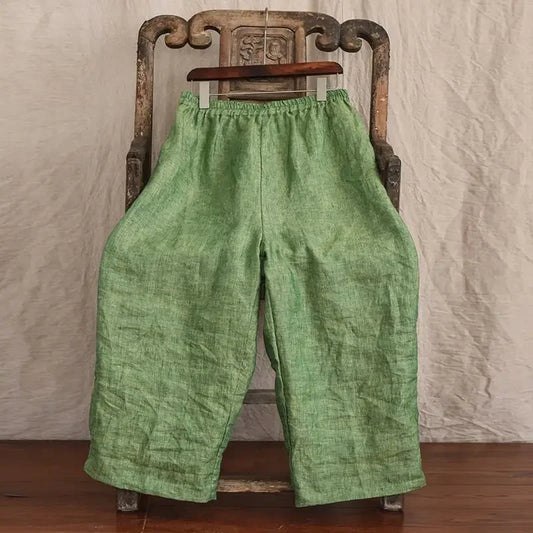Summer Loose Casual Cotton Linen Wide Leg Pants Straight Cut Trousers Nine Points Color Woven Comfortable Drapey Women's Pants