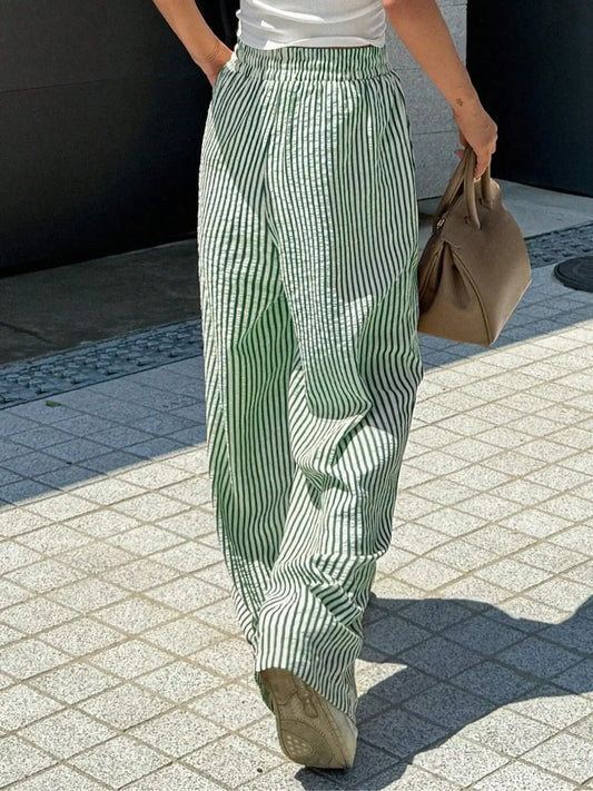 Women's Plus-size 1XL-5XL Fashion Comfortable Striped Drawstring Casual Pants Loose Stretch Mid-waist Tracksuit Pants