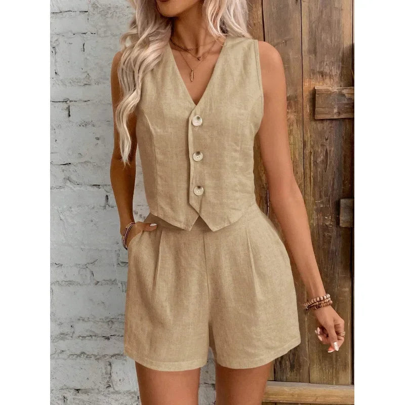 New Arrival Linen Summer Casual Commute Front Button Vest And Shorts Set V Neck Vest Autumn Clothing Women's Fashion Outfit