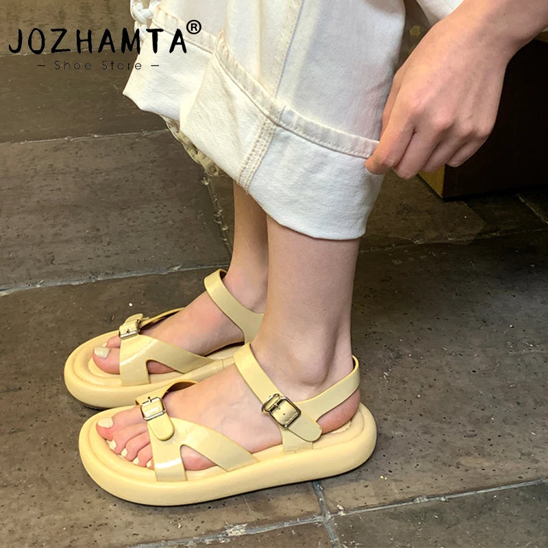 JOZHAMTA Size 34-39 Women Real Leather Flat Sandals Flip Flops Low Heels Summer Shoes 2025 Casual Beach Daily Home Outdoor Dress