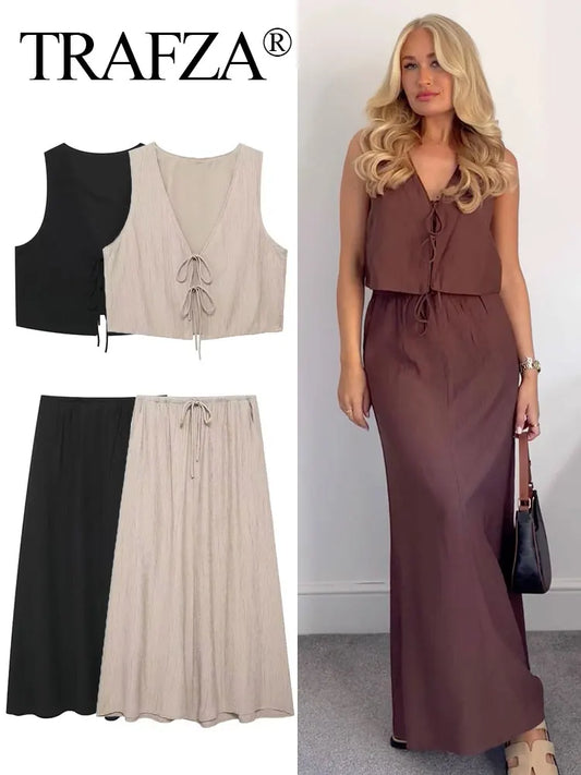 TRAFZA Women Vintage Solid Skirt Sets Bow Lace-Up Short Vest Top Loose Drawstring Midi Skirts Summer Female Streetwear Outfit