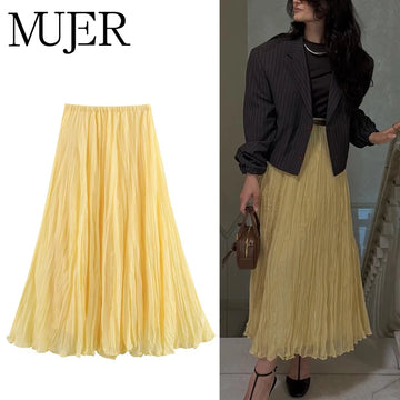 MUJER Yellow Pleated Long Skirts for Women Layered High Waist Midi Skirt Woman Summer Ruched Women's Skirt Beach Skirt Women