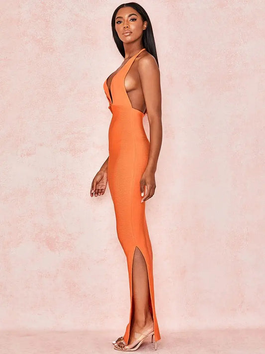 BEAUKEY Luxury Evening Orange HLBandage Dress Drape Maxi XL Asymmetric Sleeve Deep V Neck Sexy Party Stretchy Bodycon Dress