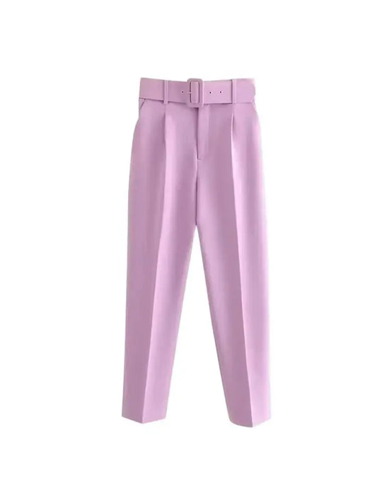 TRZA-Women's High Waist Zipper Fly Ankle Trousers with Belt, Office Wear Pants, Side Pockets, Female Fashion